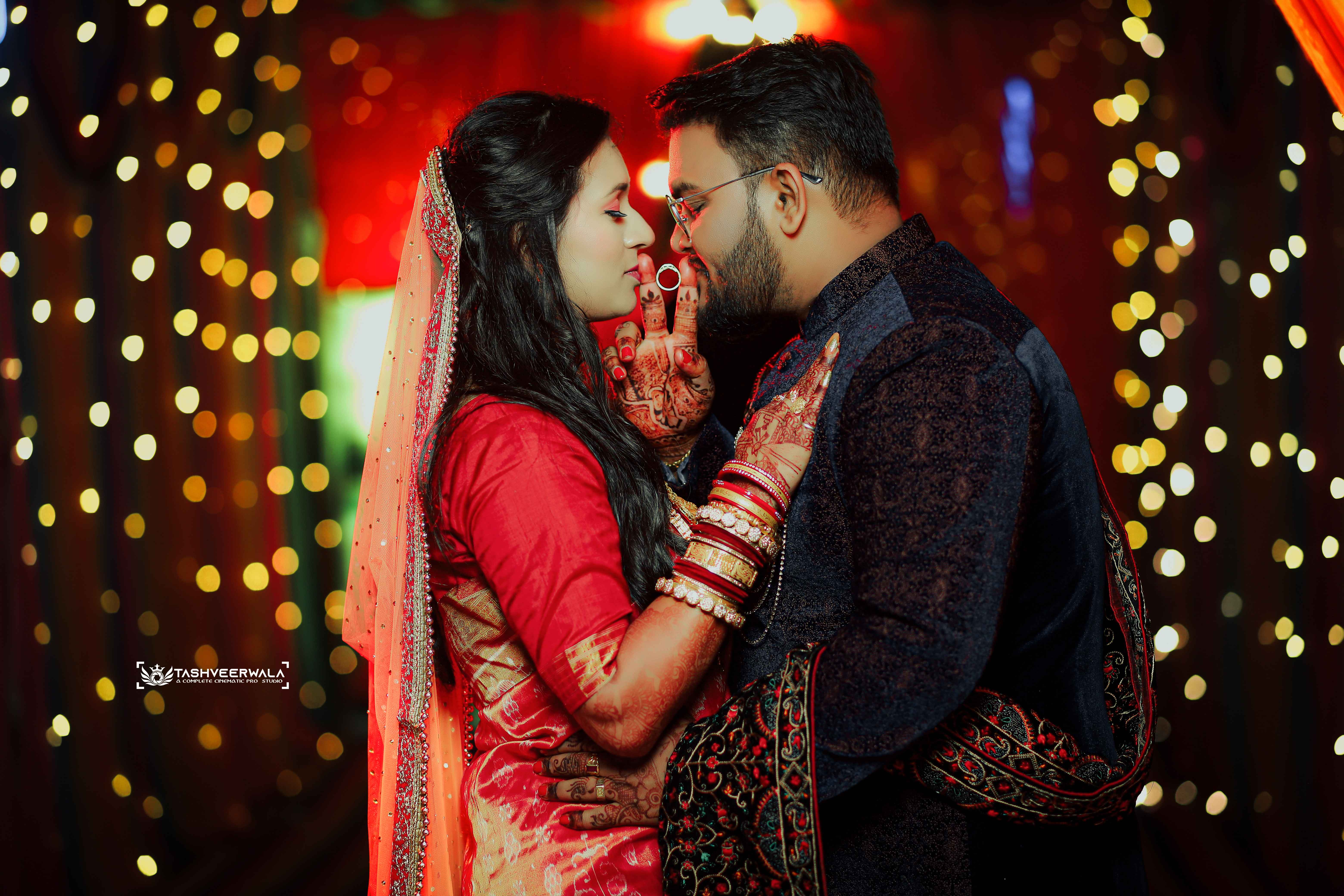 Romantic couple portrait with beautiful bokeh lighting